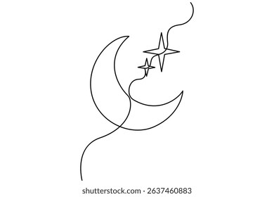 Ramadan crescent moon and star continuous line art vector on white background
