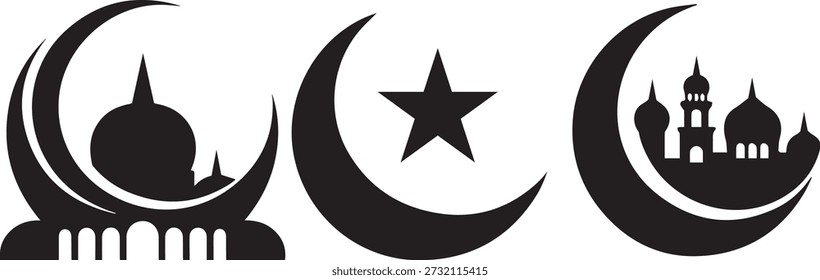 Iconos de silueta islámica de luna creciente y estrella de Ramadán
