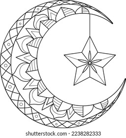 Ramadan Crescent Moon with Star Isolated Coloring