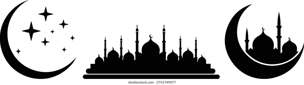 Ramadan Halbmond und Moschee Landschaft Schwarz Silhouette Vektor
