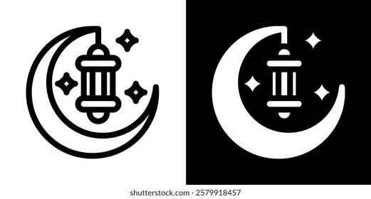ramadan cresent moon lantern line and glyph icon, outline and glyph vector sign, linear and glyph style pictogram isolated on white and black. islamic Symbol, logo, icon, illustration
