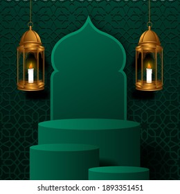 ramadan with cylinder podium product display with hanging golden luxury lantern and green patter mosque decoration