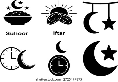 Conjunto de Ícones de Rotina Diária do Ramadã - Comida Suhoor e Iftar, Relógio de Oração e Crescent Moon Stars Silhouette Vetor