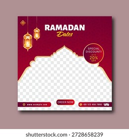 Ramadan Dates Sale Poster Design with Twenty Percent Discount Offer, Hanging Golden Lantern on Magenta Pink Islamic Pattern Background and Image Placeholder.