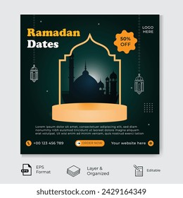 Ramadan Dates social media post wih podium . Ramadan Sale social media poster design.