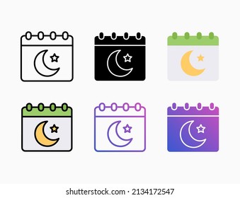 Ramadan Tag Kalender Symbol gesetzt mit Linie, Umriss, flach, gefüllt, Glyphe, Farbe, Farbverlauf. Bearbeitbarer Strich und Pixel perfekt. Kann für digitale Produkte, Präsentationen, Print-Design und mehr verwendet werden.