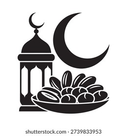 Ramadan decorations featuring a crescent moon lantern and dates on a plate