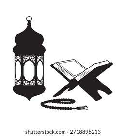 Ramadan decorations featuring a lantern quran and islamic prayer beads
