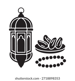 Decoraciones de Ramadán con una linterna de dátiles y cuentas de oración en silueta negra
