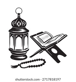 Decoraciones de Ramadán con un libro sagrado de la linterna y la ilustración de las cuentas de la oración