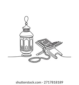 Decoraciones de Ramadán, cuentas de oración de linterna y una ilustración abierta de libro sagrado