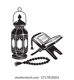 Decoraciones de Ramadán con cuentas de oración de linterna y un libro sagrado abierto