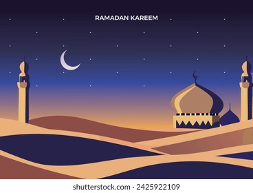 Ramadan desert scene at night, Crescent with mosque, arabic style.