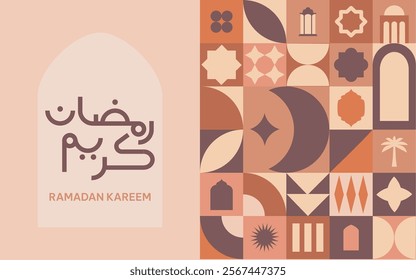 Ramadan design in bauhaus style. Modern arabic pattern in gemoetric shape. Vector illustration. Arabic calligraphy.