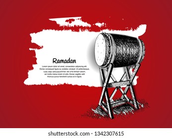 Ramadan design with bedug on red background for Ramadan celebration purpose