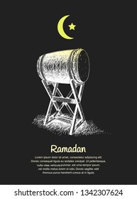 Ramadan design with bedug, star and moon on black background for Ramadan celebration purpose