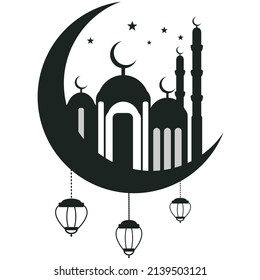 Ramadan design, crescent moon with mosques and stars and hanging lanterns shape isolated on white background, vector illustration