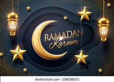 Ramadan design dark blue paper background with hanging golden star and fanoos