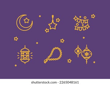 Ramadan Design Element Thin Line Set Include of Golden Crescent Moon and Fanoos Lantern. Vector illustration of Islam Holiday