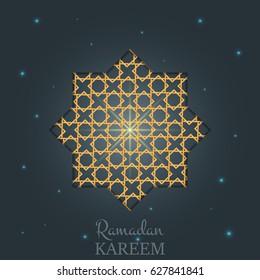 Ramadan design layout. Arabian background with gold shiny light, arabic pattern, stars and typography