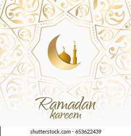 Ramadan design light background for greetings card, banner or poster. illustration with golden pattern and gold moon and mosque on light background.