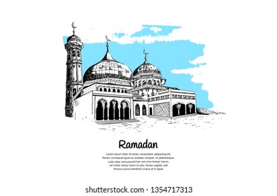Ramadan design with mosque hand drawn illustration