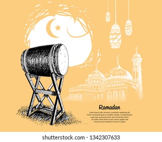Ramadan design with mosque, lantern and bedug on soft brown background for Ramadan celebration purpose