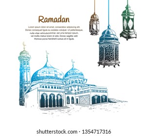 Ramadan design mosque and lantern hand drawn illustration