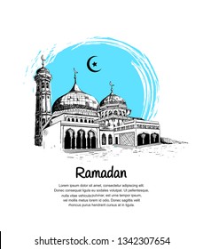 Ramadan design with mosque on blue brush background for Ramadan celebration purpose