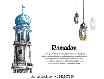 Ramadan design with mosque tower and lanterns on white background for Ramadan celebration purpose