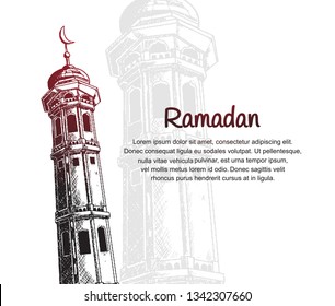 Ramadan design with mosque tower on white background for Ramadan celebration purpose