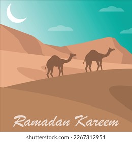 Ramadan design object desert, camel and mountain. Flat design for greeting card, poster, banner and illustration.