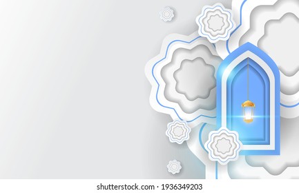 Ramadan design with paper cut style, white and blue, suitable for complementary Islamic themes