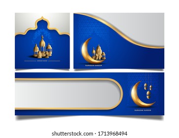 ramadan design set with golden moon and lantren on blue background. islamic design for ramadan purpose