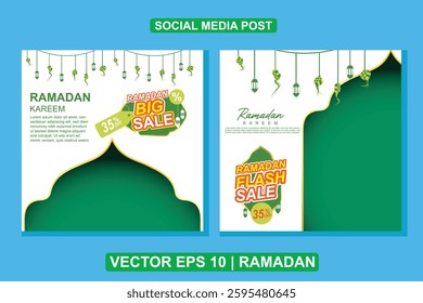 Ramadan design template with green mosque window elements with shadow, Ramadan lanterns, and ketupat. Perfect for promotions, digital greetings, and Islamic print media.