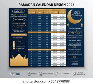 Ramadan Desktop Wandkalender Design 2025 mit Sehri Iftar Zeitplan Zeitplan. Ramadan Arabisch Islamischer Kalender mit Sehar Iftar Fasten Dua. Ideal für Gebet und Fastenzeit während des Heiligen Monats.