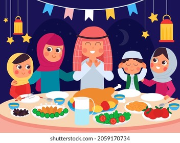 Ramadan dinner. Muslim family eating, iftar celebrating. Arab festive dishes on table, ritual greetings. After fasting, parents and kids together, decent vector scene