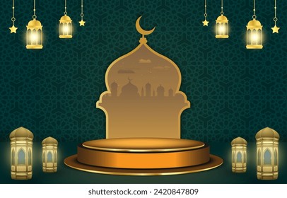 ramadan discount sale template banner with copy space 3d podium for product sale with abstract gradient green and golden background design 1