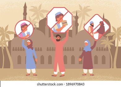 Ramadan donts flat composition with images of muslim temple prayer characters and activities with prohibition signs vector illustration