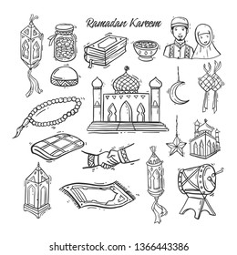 Ramadan Doodle art set with Mosque, Alquran, Drum, Muslim-muslimah, Lantern, Crescent,cake, star, Dates and Ketupat. Islamic Hand drawn doodle icon vector illustration eps.10