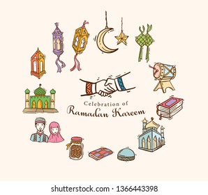 Ramadan Doodle art set with Mosque, Alquran, Drum, Muslim-muslimah, Lantern, Crescent,cake, star, Dates and Ketupat. Islamic Hand drawn doodle icon vector illustration eps.10