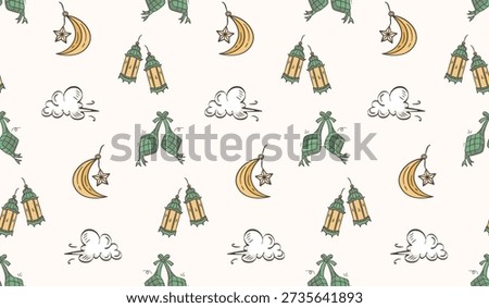 Ramadan doodle background. Eid al fitr doodle pattern background. Eid mubarak seamless pattern with lantern, crescent moon, sky, ketupat doodle illustration. Ramadan hand drawn background.