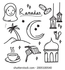 Ramadan doodles, hand drawn sketches, elements, Islamic doole, suitable for ramadan and eid, Line Icons Sketch, Handmade Vector Art, Holy Muslim festival, Illustration in Doodle Style