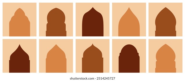 Ramadan Tür und Fenster Sammlung, islam Rahmen Set, arabische Elemente in minimalem Boho Stil für Labels, Logo, Banner, Vorlagen