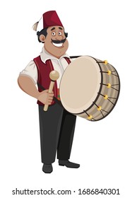 Ramadan drummer. Cheerful cartoon character with drum. Vector illustration on white background