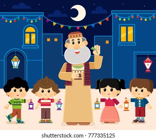 Ramadan Drummer ( Mesaharaty ) , Kids Carrying  Lanterns 