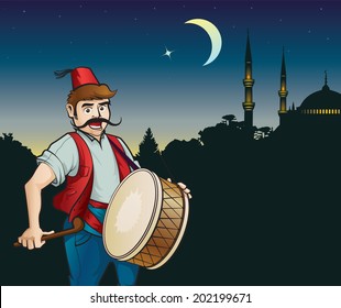 Ramadan drummer, night, the moon and a mosque