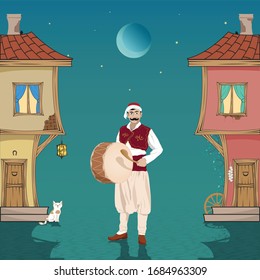 Ramadan drummer, Ottoman houses, cat, wheel and night. Vector drawing