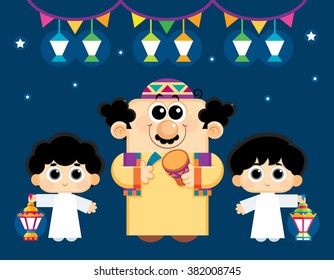 Ramadan Drummer and two Kids carrying Lanterns