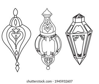 Ramadan. Eastern Arabic Muslim traditional hanging lanterns in doodle style. Vector stock illustration isolated on white background.